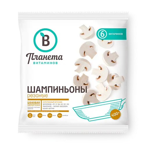 [4-80] Шампиньоны резаные, Планета Витаминов, 400 г, (25)