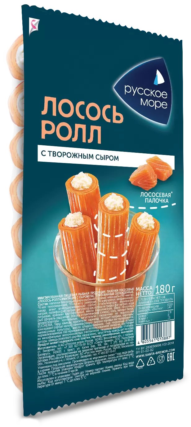 Лососевые палочки Лосось-ролл "Русское море" имитация с сыром охл.180 г 1/6
