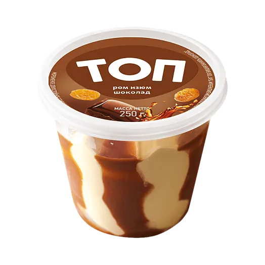 Мороженое сливочное "БИГ ТОП РОМ ИЗЮМ ШОКОЛАД", пласт. стакан 250г 1/12