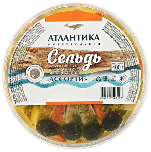[4607095503193] Сельдь т/о с/с филе-кусочки в масле"Ассорти"400г Атлантика 1/6
