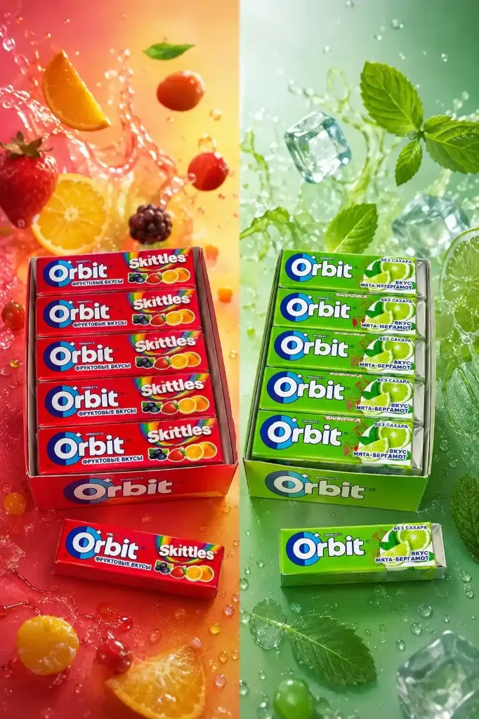 Новые вкусы «Orbit» «Skittles» мята-бергамот